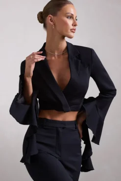 Sophie | Black Cotton-Blend Tailored Cropped Blazer With Ruffled Cuffs