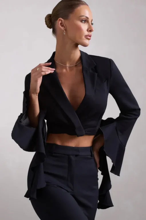 Sophie | Black Cotton-Blend Tailored Cropped Blazer With Ruffled Cuffs