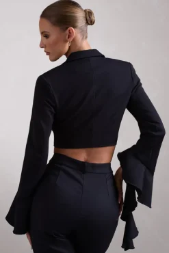 Sophie | Black Cotton-Blend Tailored Cropped Blazer With Ruffled Cuffs