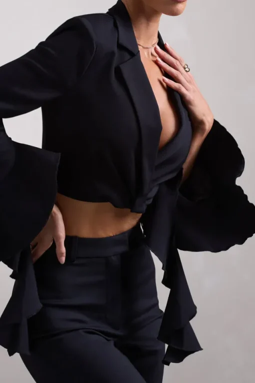 Sophie | Black Cotton-Blend Tailored Cropped Blazer With Ruffled Cuffs