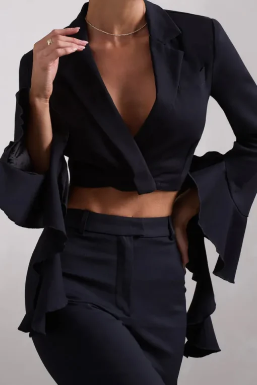 Sophie | Black Cotton-Blend Tailored Cropped Blazer With Ruffled Cuffs