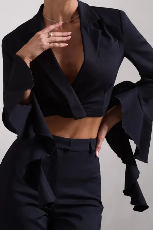 Sophie | Black Cotton-Blend Tailored Cropped Blazer With Ruffled Cuffs