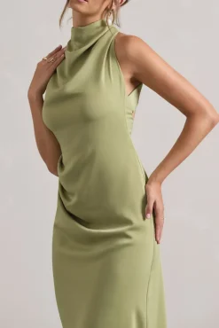 Sophina | Light Olive Satin Cowl-Neck Asymmetric Midi Dress
