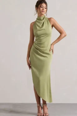 Sophina | Light Olive Satin Cowl-Neck Asymmetric Midi Dress