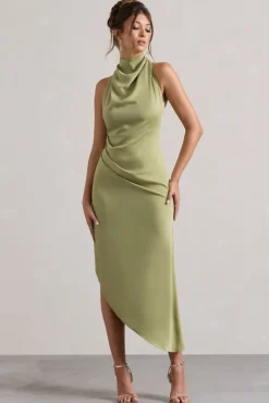 Sophina | Light Olive Satin Cowl-Neck Asymmetric Midi Dress