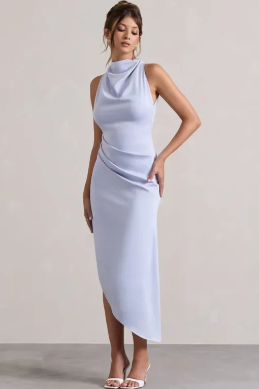 Sophina | Sky Blue Satin Cowl-Neck Asymmetric Midi Dress