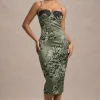 Soprano | Olive Floral Print Satin Sweetheart Lace Trim Midi Dress