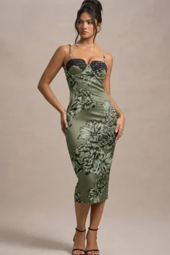 Soprano | Olive Floral Print Satin Sweetheart Lace Trim Midi Dress