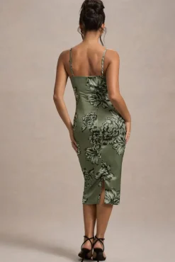Soprano | Olive Floral Print Satin Sweetheart Lace Trim Midi Dress