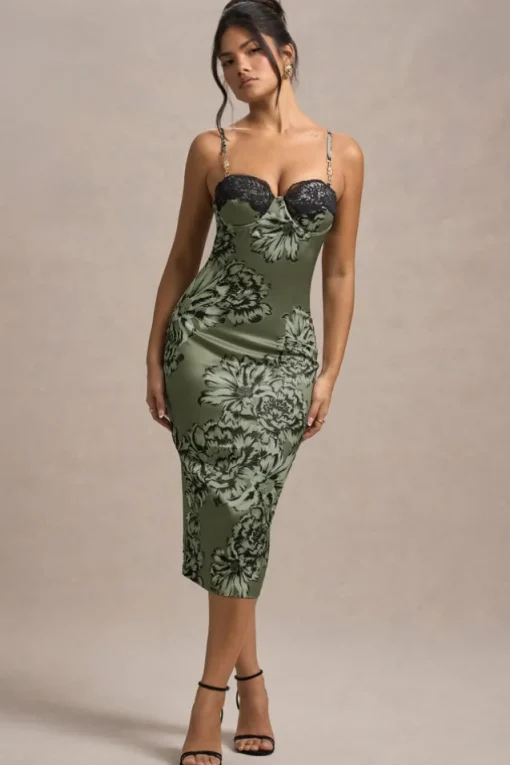 Soprano | Olive Floral Print Satin Sweetheart Lace Trim Midi Dress