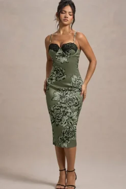 Soprano | Olive Floral Print Satin Sweetheart Lace Trim Midi Dress