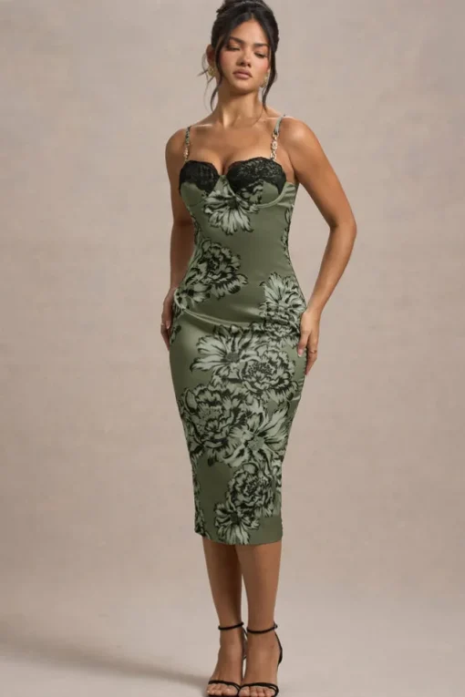Soprano | Olive Floral Print Satin Sweetheart Lace Trim Midi Dress
