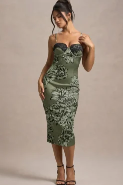 Soprano | Olive Floral Print Satin Sweetheart Lace Trim Midi Dress