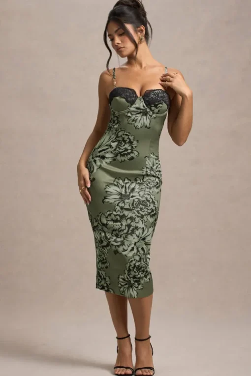 Soprano | Olive Floral Print Satin Sweetheart Lace Trim Midi Dress