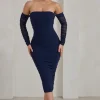Sorella | Navy Ruched Mesh Bardot Midi Dress