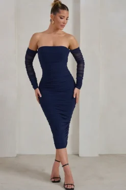 Sorella | Navy Ruched Mesh Bardot Midi Dress
