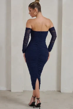 Sorella | Navy Ruched Mesh Bardot Midi Dress