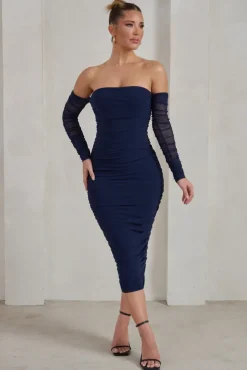 Sorella | Navy Ruched Mesh Bardot Midi Dress