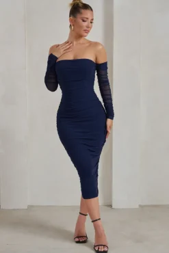 Sorella | Navy Ruched Mesh Bardot Midi Dress
