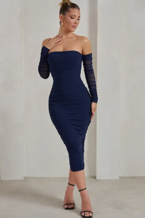 Sorella | Navy Ruched Mesh Bardot Midi Dress