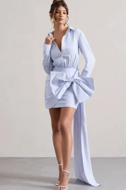 Sovereign | Blue Pinstripe Shirt Mini Dress With Oversized Bow