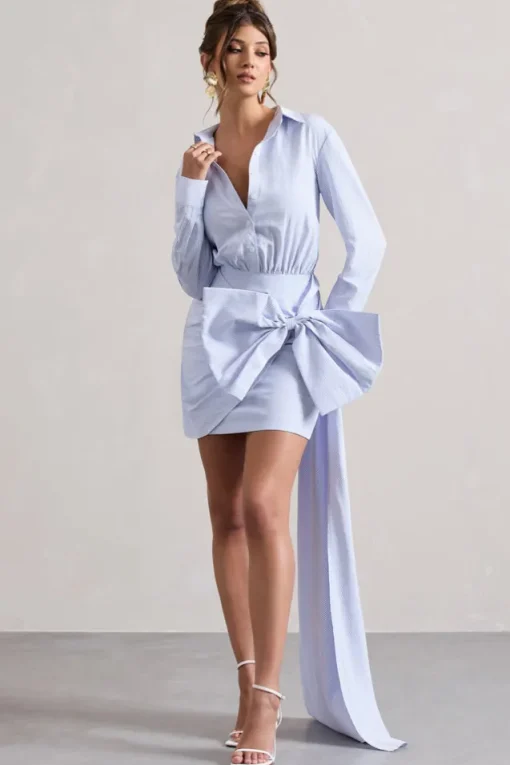 Sovereign | Blue Pinstripe Shirt Mini Dress With Oversized Bow