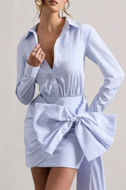 Sovereign | Blue Pinstripe Shirt Mini Dress With Oversized Bow