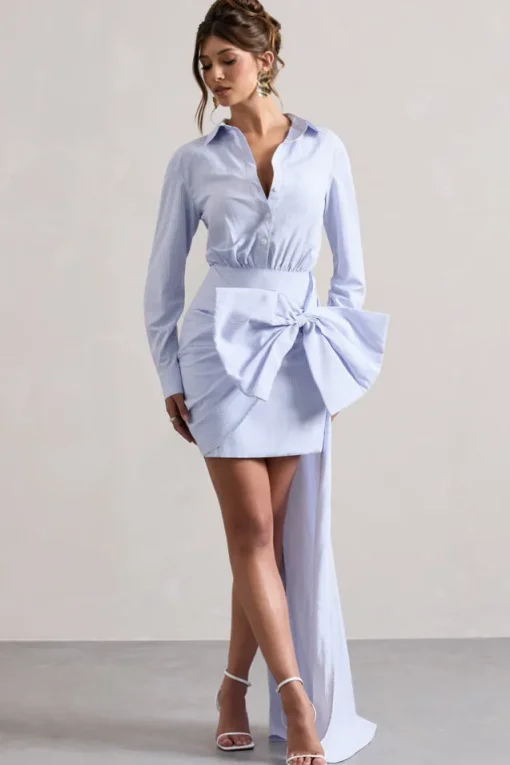 Sovereign | Blue Pinstripe Shirt Mini Dress With Oversized Bow