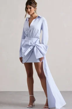 Sovereign | Blue Pinstripe Shirt Mini Dress With Oversized Bow