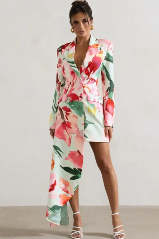 Spiral | Mint Floral Tailored Blazer Mini Dress With Asymmetric Hem