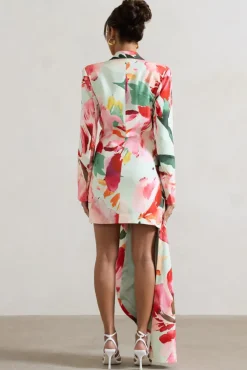 Spiral | Mint Floral Tailored Blazer Mini Dress With Asymmetric Hem