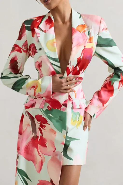 Spiral | Mint Floral Tailored Blazer Mini Dress With Asymmetric Hem