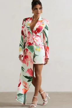 Spiral | Mint Floral Tailored Blazer Mini Dress With Asymmetric Hem