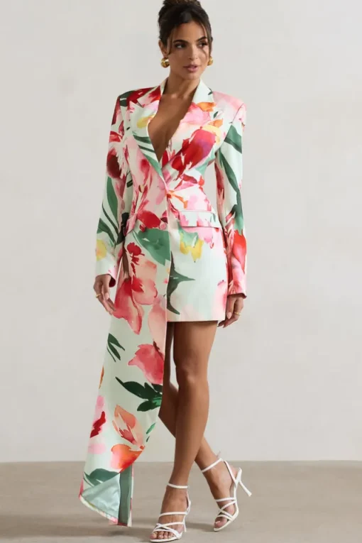 Spiral | Mint Floral Tailored Blazer Mini Dress With Asymmetric Hem