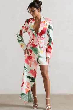 Spiral | Mint Floral Tailored Blazer Mini Dress With Asymmetric Hem