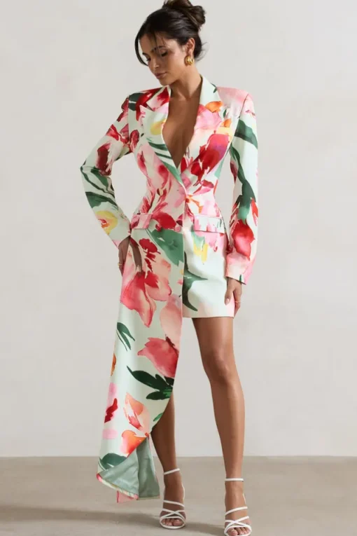 Spiral | Mint Floral Tailored Blazer Mini Dress With Asymmetric Hem