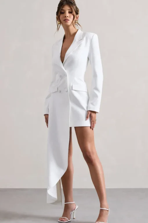 Spiral | White Tailored Blazer Mini Dress With Asymmetric Hem