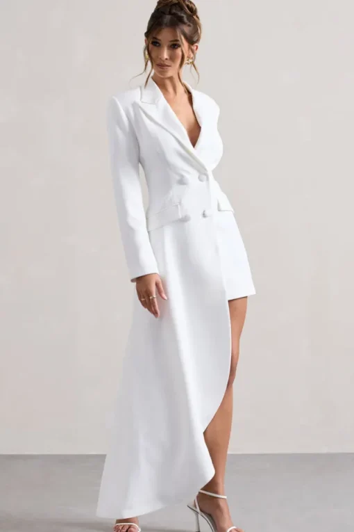 Spiral | White Tailored Blazer Mini Dress With Asymmetric Hem