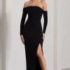 Stand Out | Black Bardot Long Sleeve Ruched Maxi With Side Split