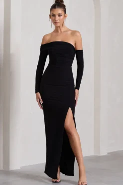 Stand Out | Black Bardot Long Sleeve Ruched Maxi With Side Split