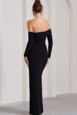 Stand Out | Black Bardot Long Sleeve Ruched Maxi With Side Split