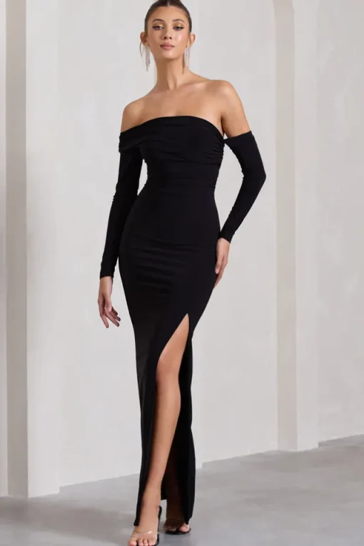 Stand Out | Black Bardot Long Sleeve Ruched Maxi With Side Split