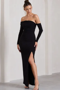 Stand Out | Black Bardot Long Sleeve Ruched Maxi With Side Split