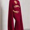 Standing Ovation | Berry Plunge-Neck Cape Maternity Maxi Dress