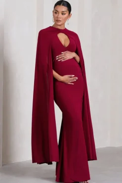 Standing Ovation | Berry Plunge-Neck Cape Maternity Maxi Dress