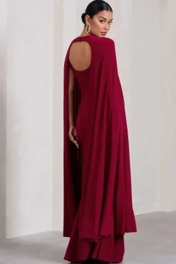 Standing Ovation | Berry Plunge-Neck Cape Maternity Maxi Dress