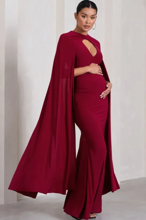 Standing Ovation | Berry Plunge-Neck Cape Maternity Maxi Dress