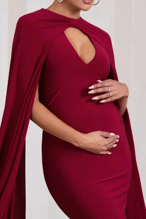 Standing Ovation | Berry Plunge-Neck Cape Maternity Maxi Dress