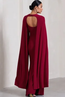Standing Ovation | Berry Plunge-Neck Cape Maternity Maxi Dress