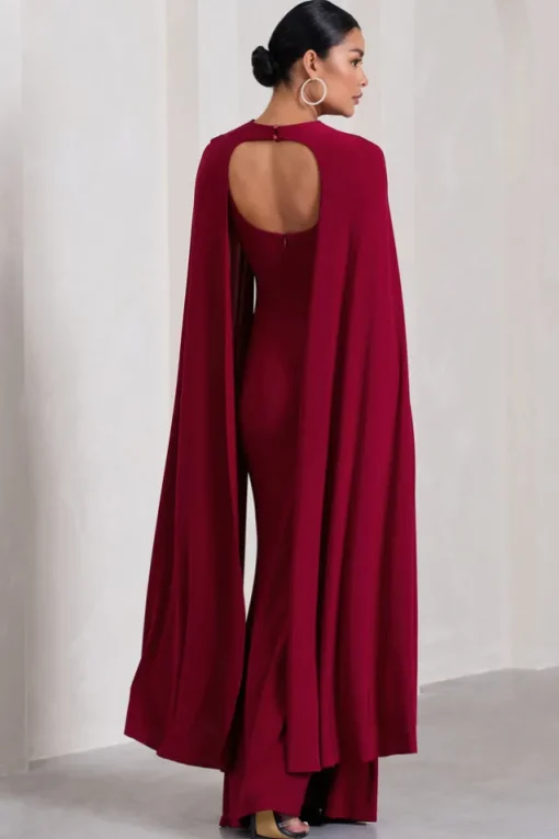 Standing Ovation | Berry Plunge-Neck Cape Maternity Maxi Dress